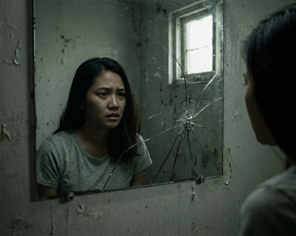 A Filipino woman looks into a shattered mirror, her reflection fragmented by cracks against a peeling, grungy wall.