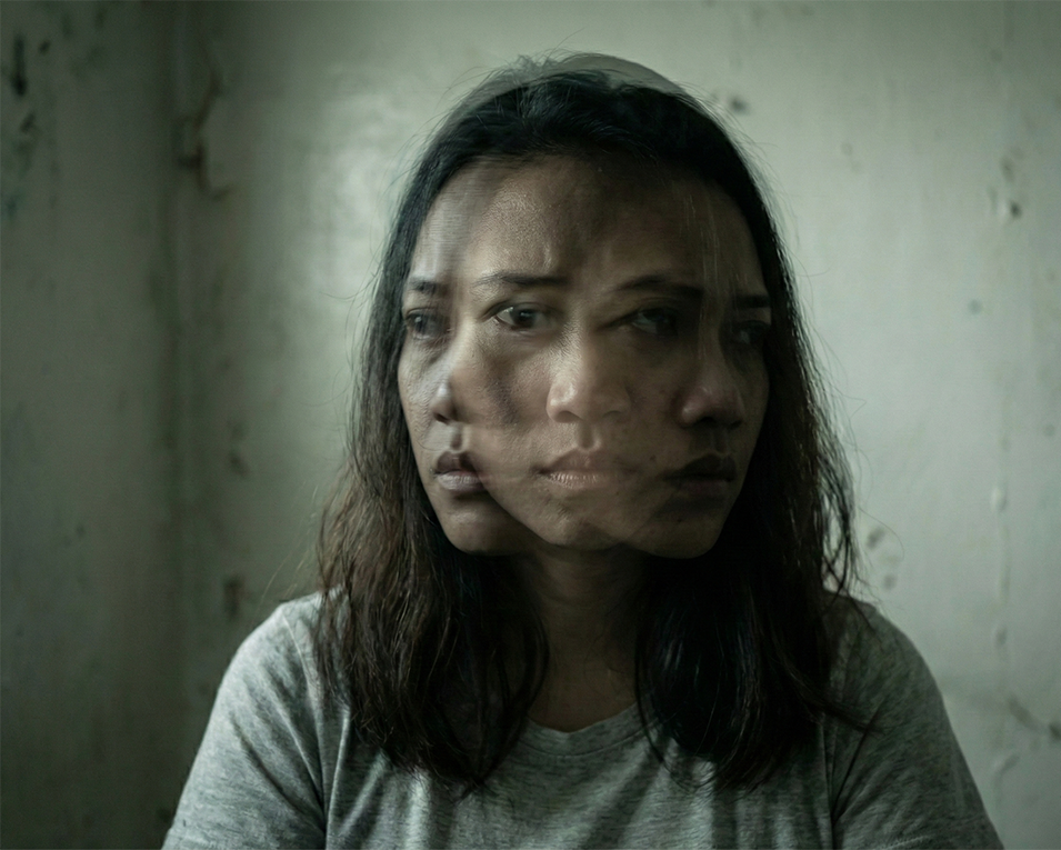 A cinematic double-exposure of a Filipino woman’s face, showing multiple expressions of confusion and distress simultaneously.